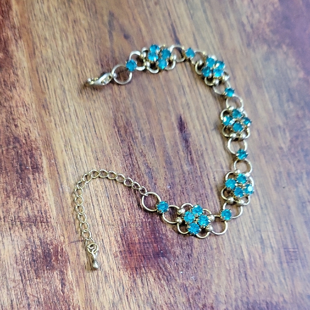 Vintage 8" Gold Plated and Blue Floral Bracelet